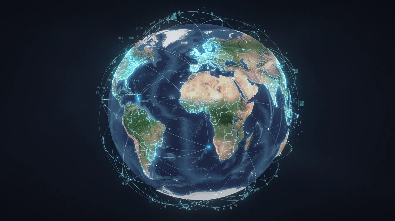 The image depicts a globe surrounded by digital connection lines, symbolizing the intricate networks of global banking and international money transfer systems. This visual represents the process of sending money abroad, highlighting the interconnectedness of financial institutions and the ease of online banking for international payments.