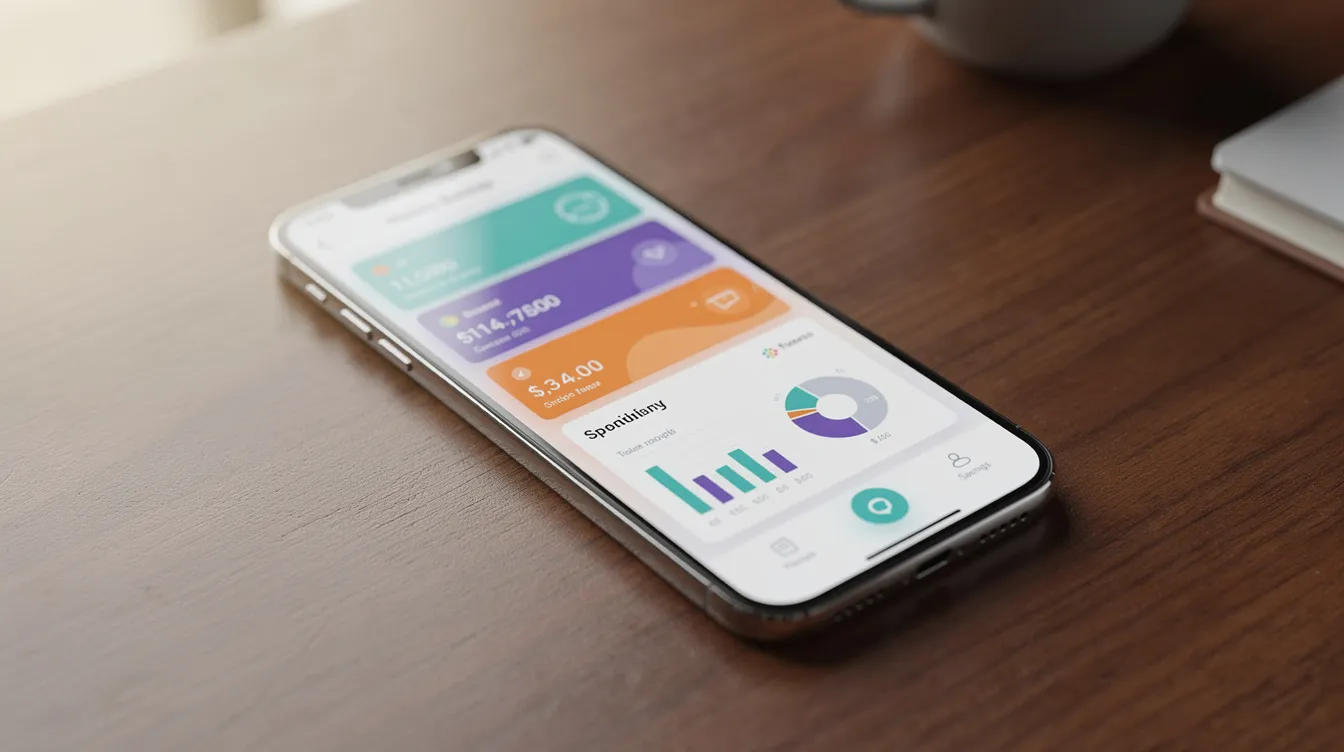 A smartphone is placed on a wooden table, showcasing a vibrant mobile banking app dashboard filled with charts and account cards, illustrating the digital banking landscape. This image highlights the innovative features of leading digital banks that aim to enhance financial inclusion and provide diverse banking services.