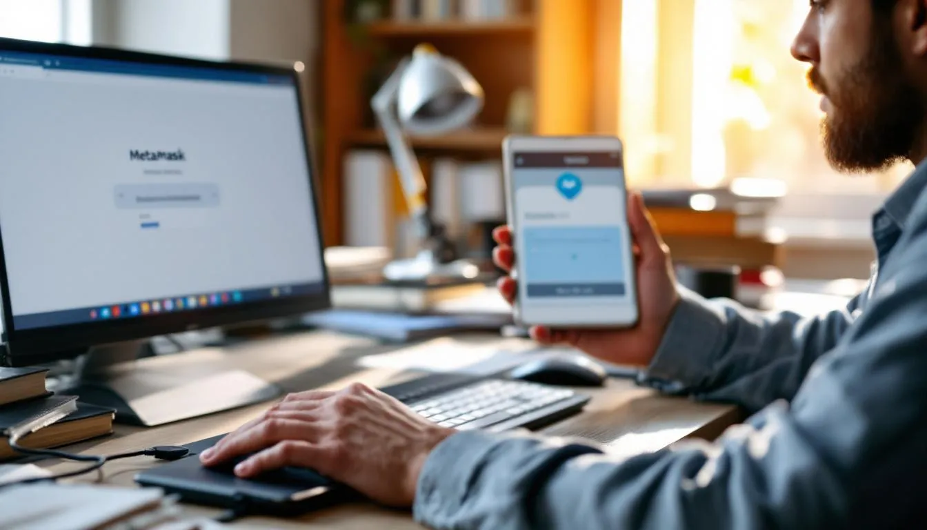 A person is using a hardware wallet connected to MetaMask on a laptop computer, showcasing a secure method to manage crypto assets. The hardware wallet, likely a Trezor or Ledger Nano, provides an extra layer of security for private keys and transactions, ensuring maximum protection for digital assets.