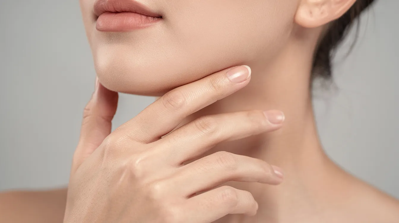 A close-up image shows a person delicately touching the area beneath their chin and jawline, highlighting concerns about excess fat and the desire for a more defined jawline. This visual may relate to discussions about chin liposuction procedures and the associated costs for achieving a sculpted appearance.