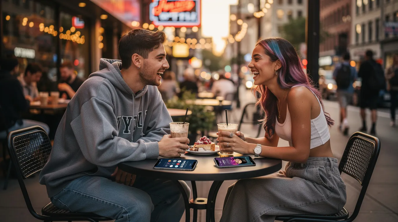 The image depicts a group of young people engaged in a lively discussion about modern dating trends, surrounded by their smartphones showcasing dating app profiles. They are sharing their experiences and thoughts on relationship terms like "love bombing" and "green flags," reflecting the complexities of the Gen Z dating scene in today's digital age.