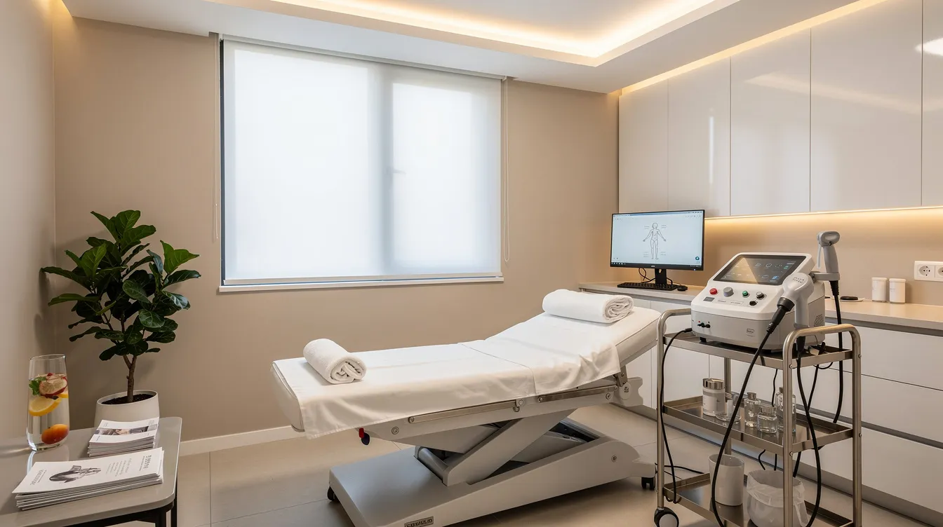 The image depicts a serene med spa consultation room designed for body contouring, featuring a comfortable treatment chair and calming decor. This space is prepared for discussing minimally invasive procedures, such as the non-surgical Brazilian butt lift, allowing clients to explore customized treatment plans for achieving their desired shape and natural looking results.