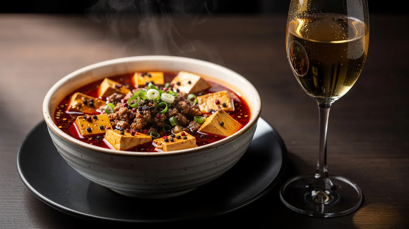 A close-up image features a steaming bowl of mapo tofu, a flavorful Sichuan dish, accompanied by a glass of golden white wine on a dark ceramic plate. The vibrant colors and textures of the spicy dish contrast beautifully with the wine, creating an enticing pairing for lovers of Chinese food.