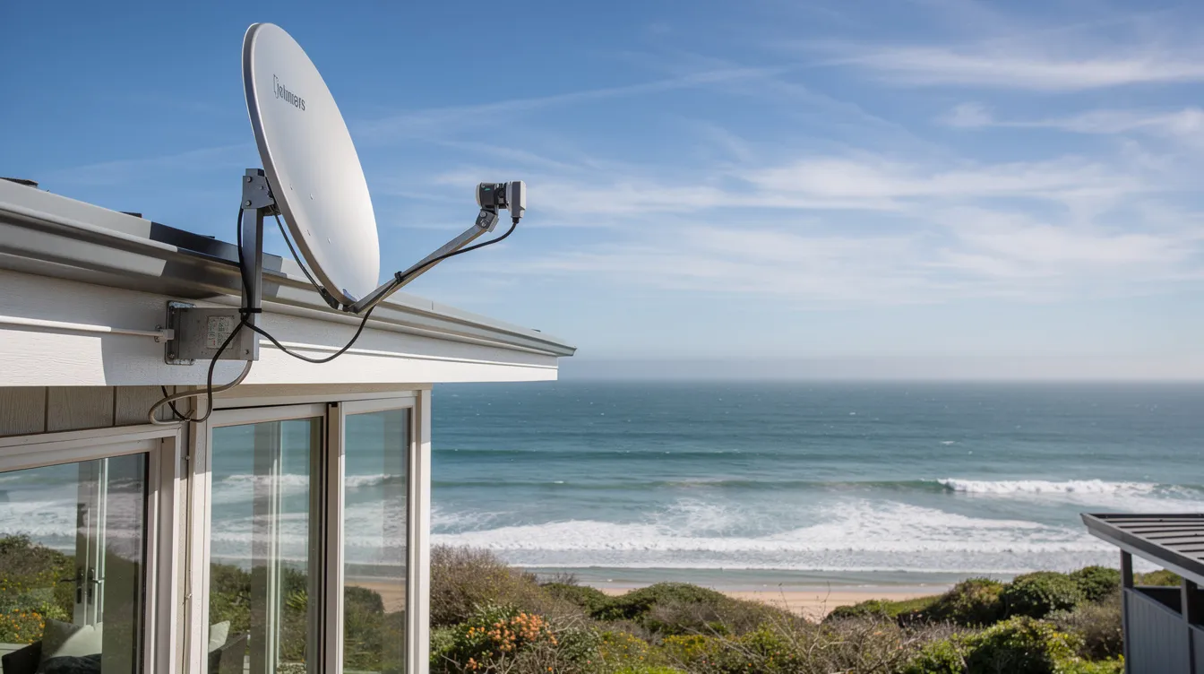 A satellite dish is mounted on the roof of a coastal home, overlooking the ocean, with clear blue skies in the background. This setup is ideal for reliable DSTV installation in Melkbosstrand, ensuring excellent signal reception and access to various channels.