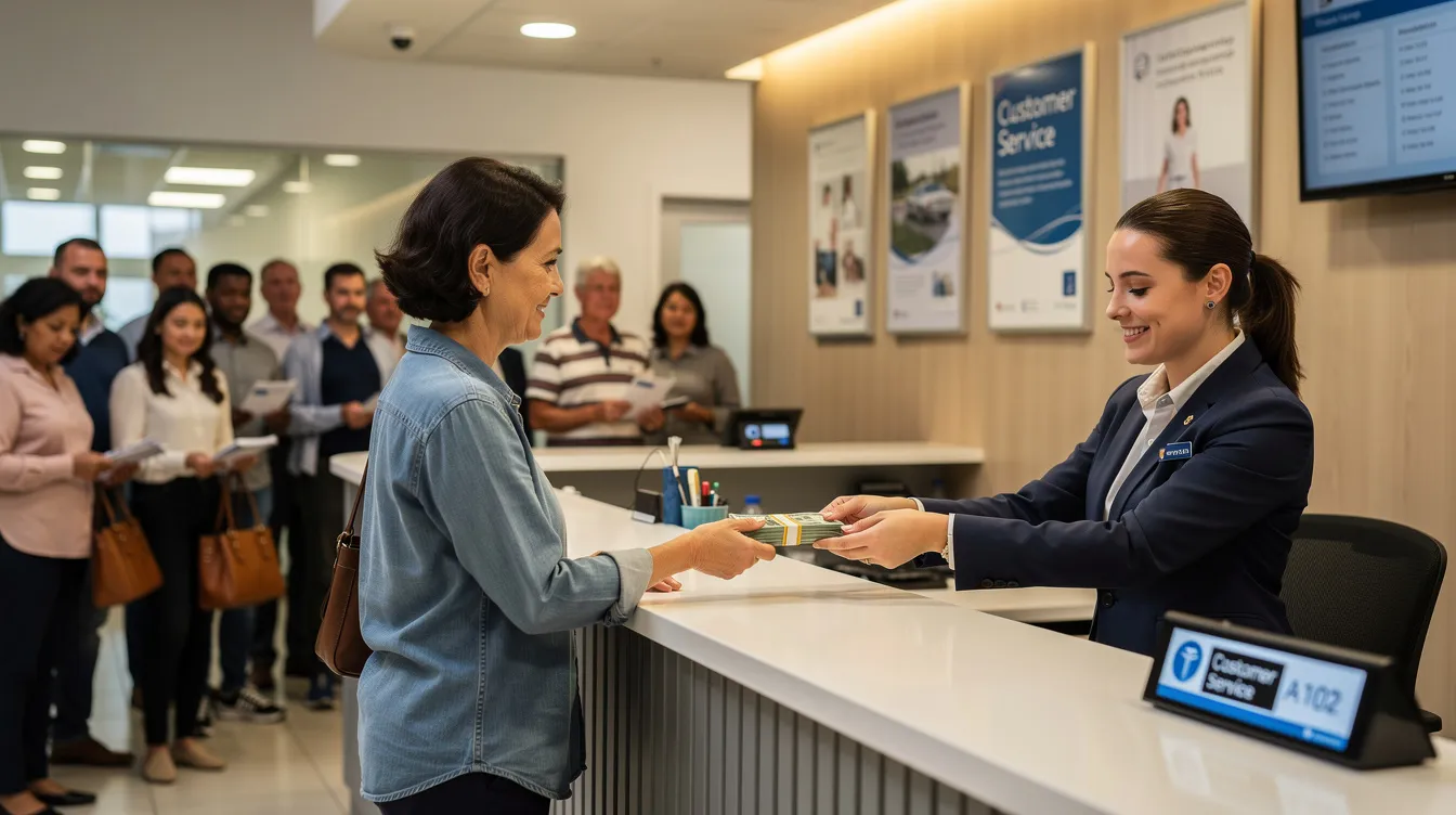 A person is at a service counter collecting cash from an agent, while a queue of people waits behind them, indicating a busy bank branch focused on money transfers. The scene reflects the various services offered for sending money, with individuals likely inquiring about fees and currency details for their transactions.