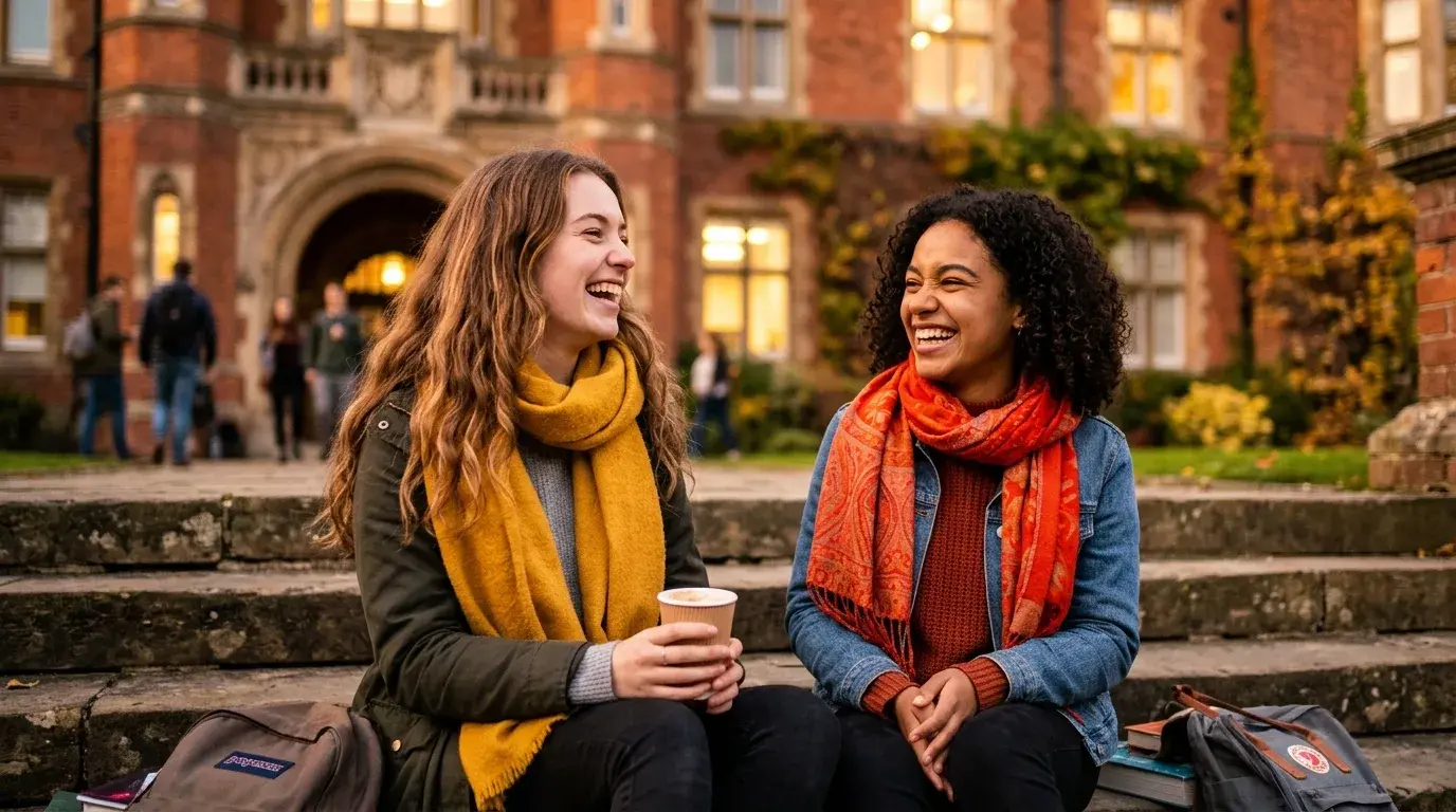 Two international students outside a Polish university building discussing dormitory paperwork