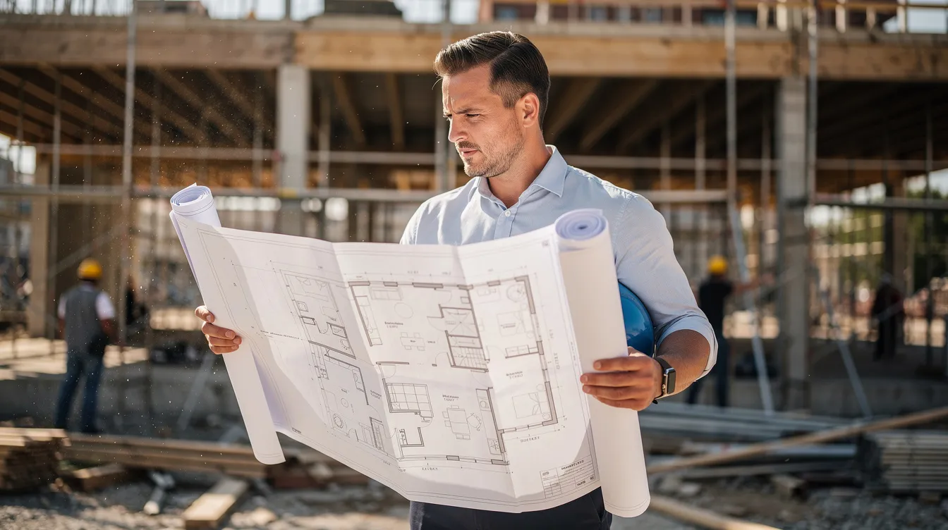 A real estate investor is intently reviewing renovation plans at a construction site, surrounded by building materials and tools. The scene highlights the importance of home equity loans and lines of credit as the investor considers major expenses and financing options for the property renovations.