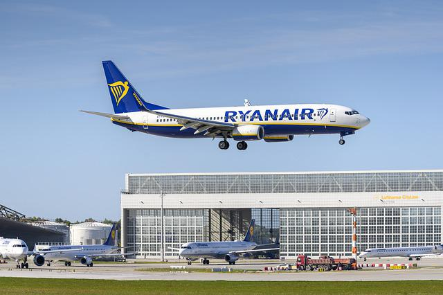 Low cost carrier Ryanair's Boeing 737-800 landing at an airport.