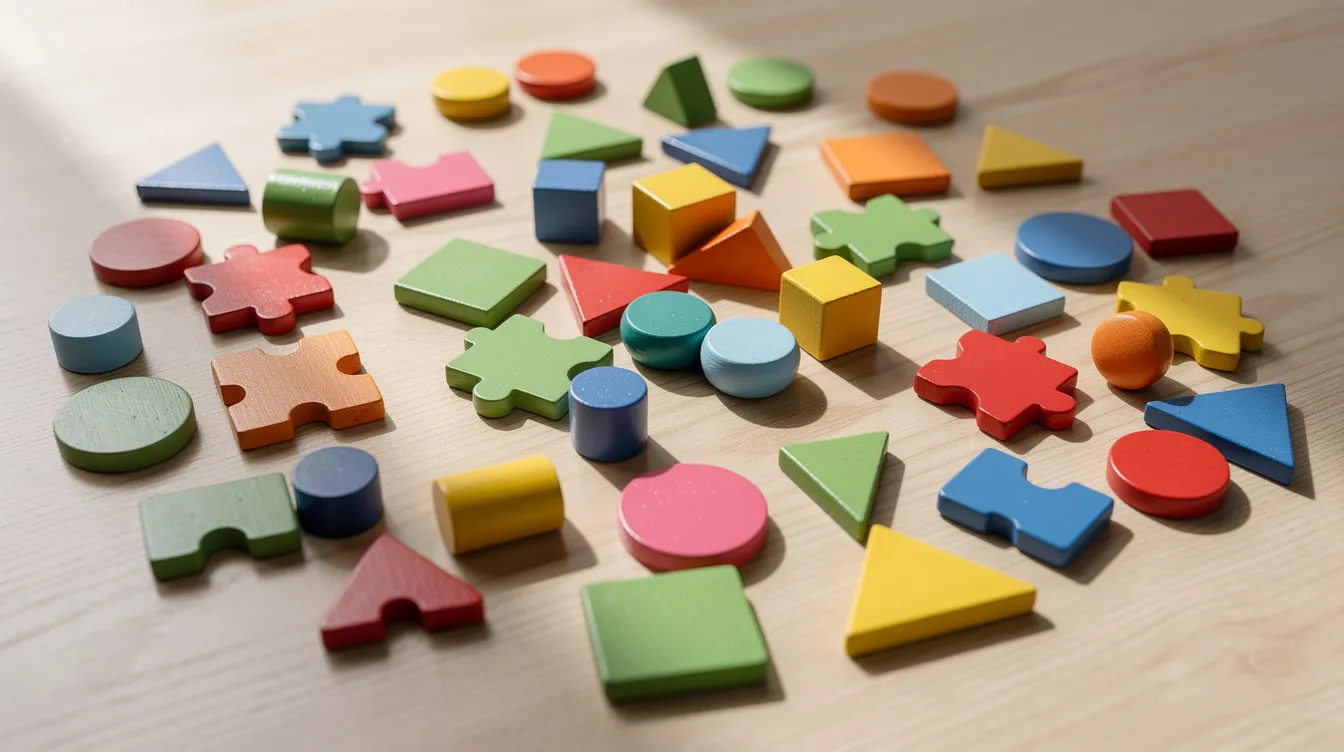 Na stole rozłożone są kolorowe drewniane puzzle i klocki, które zachęcają do wspólnej zabawy i rozwijania kreatywności najmłodszych. To doskonały przykład gadżetów reklamowych dla dzieci, które mogą być używane jako upominki w przedszkolach czy na okazję Dnia Dziecka.