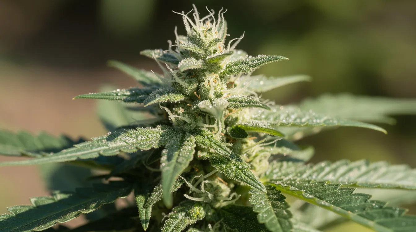 Die Nahaufnahme zeigt eine Cannabis-Pflanze, die im natürlichen Licht leuchtet und mit Trichomen bedeckt ist, die reich an Cannabinoiden wie THCP sind. Diese kleinen Harzkristalle sind entscheidend für die Wirkung der Pflanze und enthalten viele der bioaktiven Verbindungen, die für die Forschung und das Verständnis von Cannabis von Bedeutung sind.