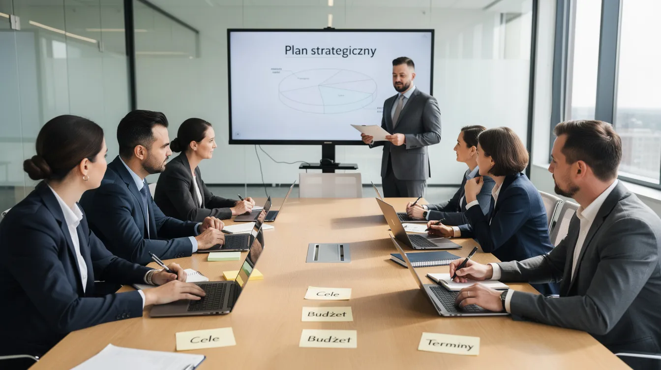Na obrazie widoczny jest zespół biznesowy, który uczestniczy w spotkaniu planistycznym przy stole konferencyjnym. Członkowie zespołu projektowego korzystają z laptopów oraz notatek, omawiając etapy planowania projektu oraz strategię efektywnego zarządzania projektami.