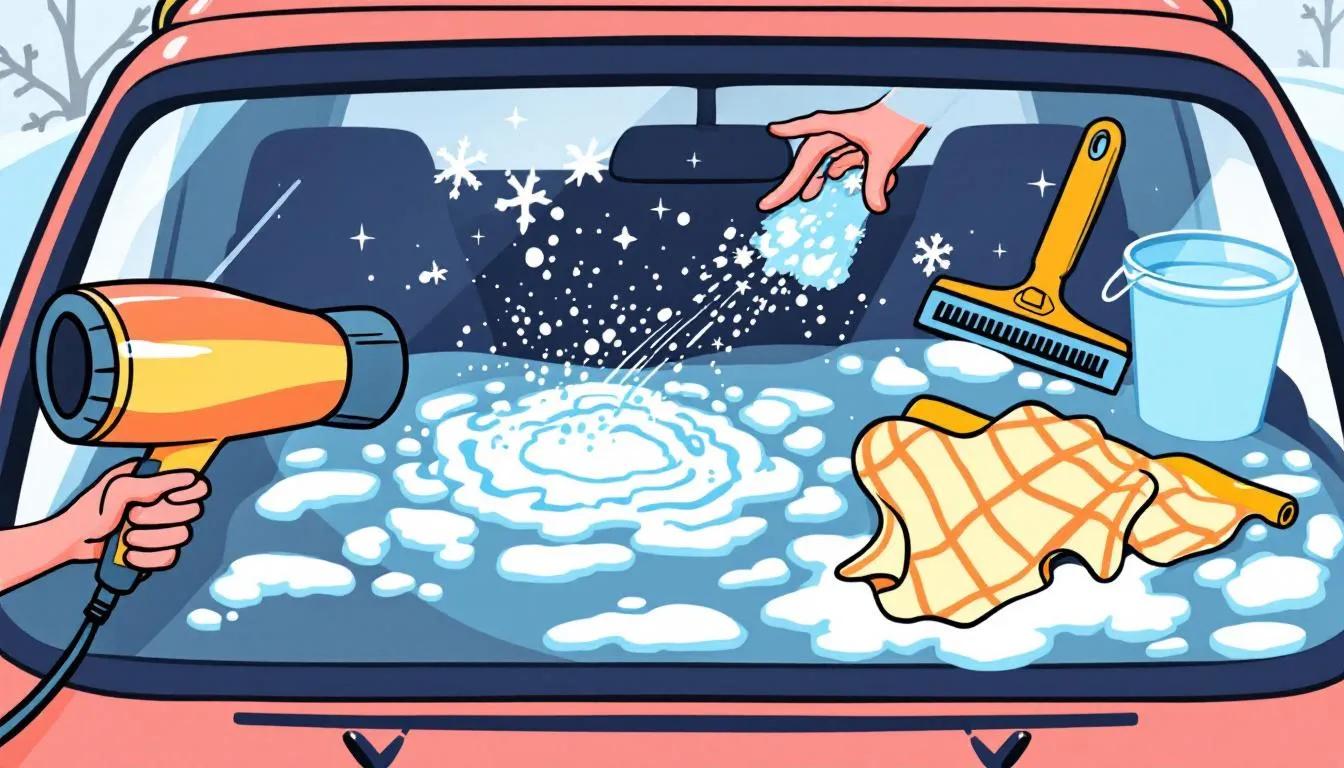 Household items being used to defrost a windshield.