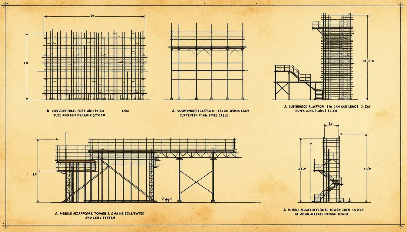 Various types of scaffolding structures used in construction.