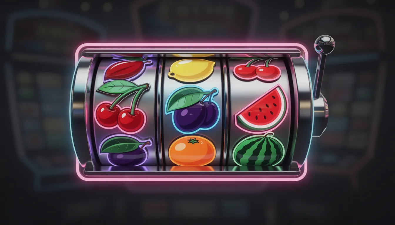 En klassisk spelautomatsymbol pryds av färgglada fruktikoner, som körsbär och citroner, omgiven av blinkande neonljus. Denna symbol för tankarna till spänningen i ett casino som Vegas Hero, där spelare kan njuta av olika spel och bonusar.