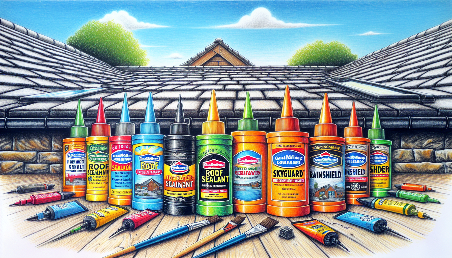 An artistic representation of top-rated roof sealants for shingles, featuring labeled sealant containers.