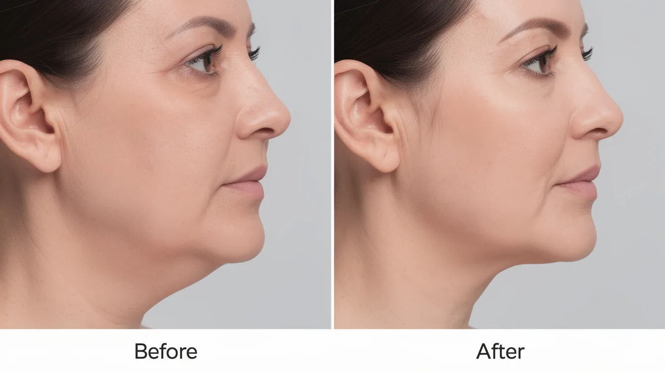 The image shows a side-by-side profile view of a person's jawline, highlighting improved definition and reduced submental fullness, indicative of effective fat reduction and skin tightening. The enhanced contour suggests a successful endolift treatment, which promotes new collagen production for natural-looking results.