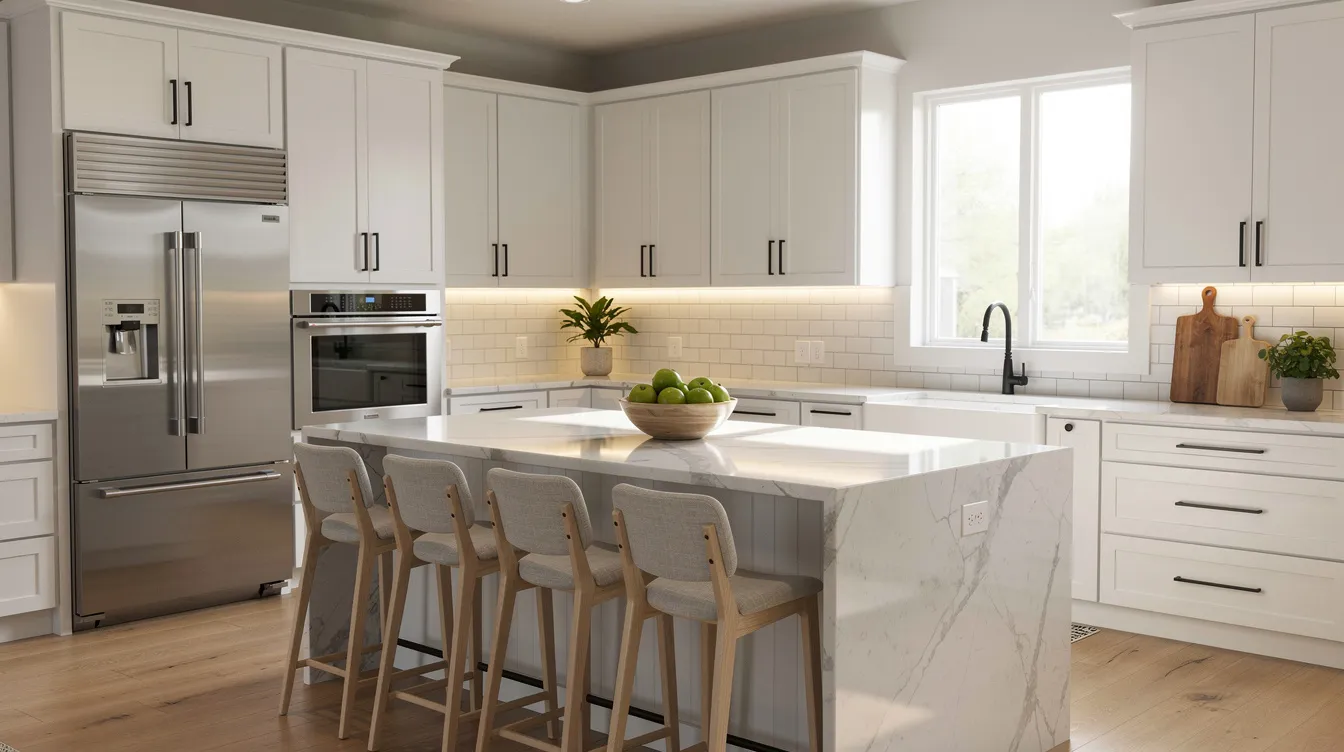 The image depicts a freshly renovated kitchen featuring modern cabinets and sleek countertops, showcasing a stylish and functional space ideal for home improvements. This inviting kitchen could enhance the value of an investment property, potentially increasing home equity and supporting future real estate investments.