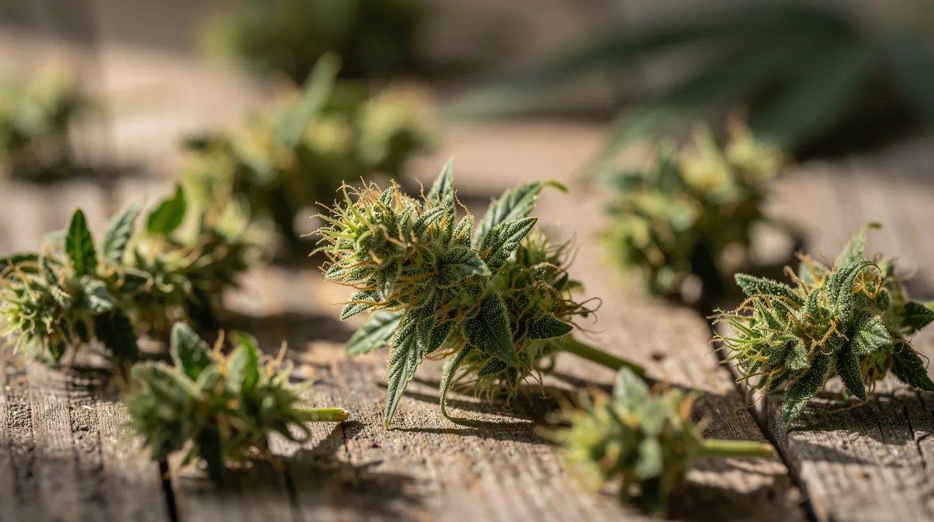 The image shows a close-up of fresh green hemp flower buds resting on a wooden surface, illuminated by natural light, highlighting the intricate details of the cannabis flower. This representation of hemp may be associated with Maryland's cannabis reform act and the legal status of hemp-derived products in the state.