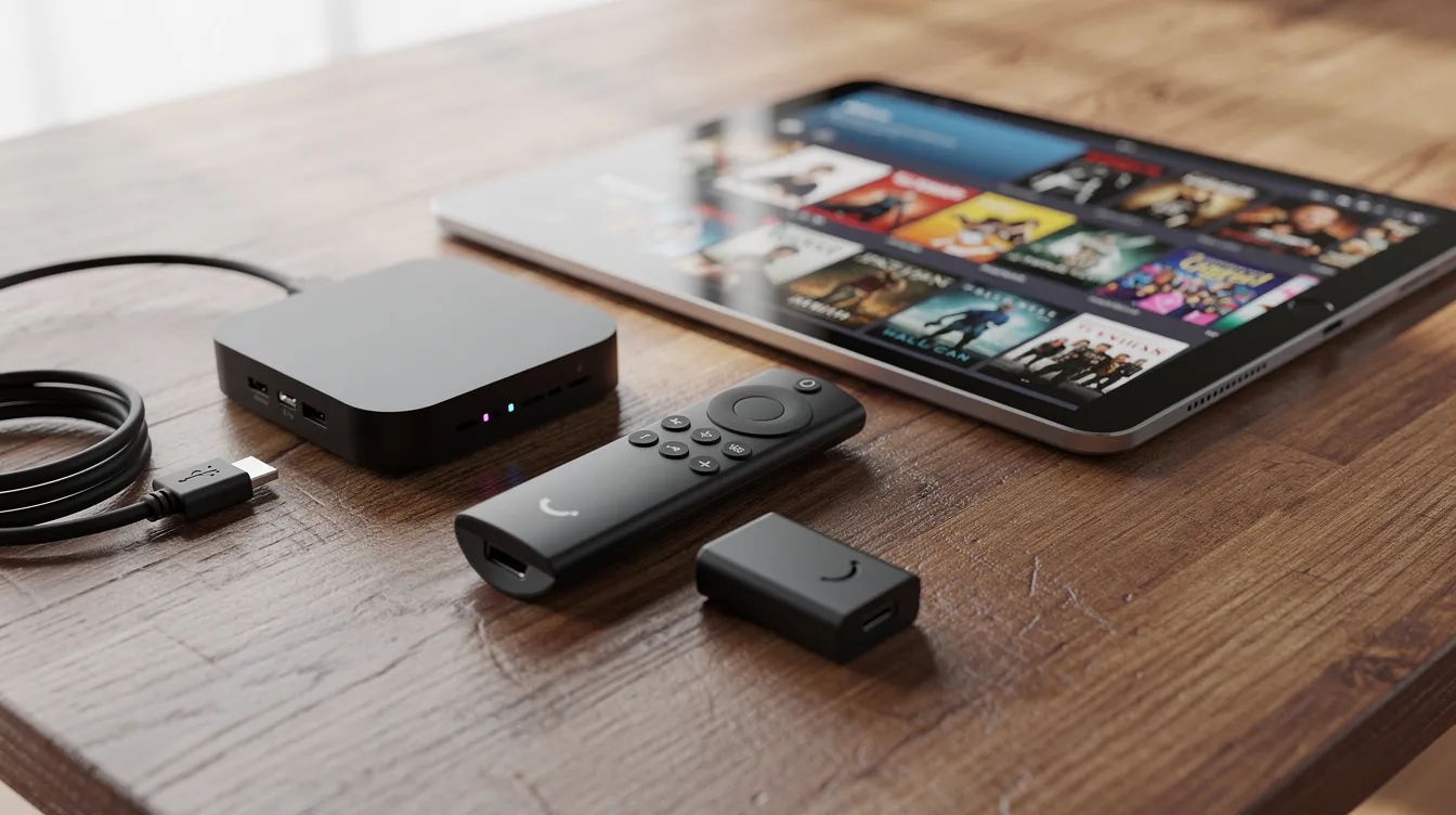The image shows a collection of multiple streaming devices, including a Fire Stick, an Android TV box, and a tablet, all neatly arranged on a wooden table. These devices are essential for accessing IPTV services, allowing users to stream content like live TV channels, movies, and sports events with reliable performance and high picture quality.