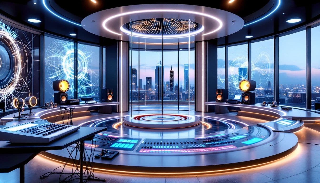 An audio post production studio showcasing various recording equipment and sound design tools.