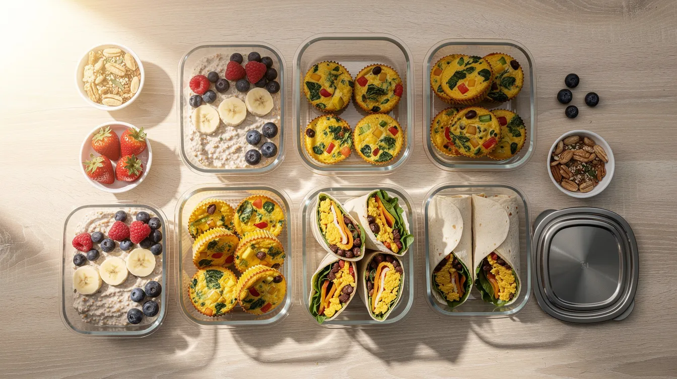 The image shows an overhead view of a meal prep setup featuring several glass containers filled with high protein breakfast options like overnight oats, egg muffins, and wrapped burritos, perfect for busy mornings. This colorful arrangement highlights a variety of healthy breakfast foods that can help boost protein intake throughout the week.
