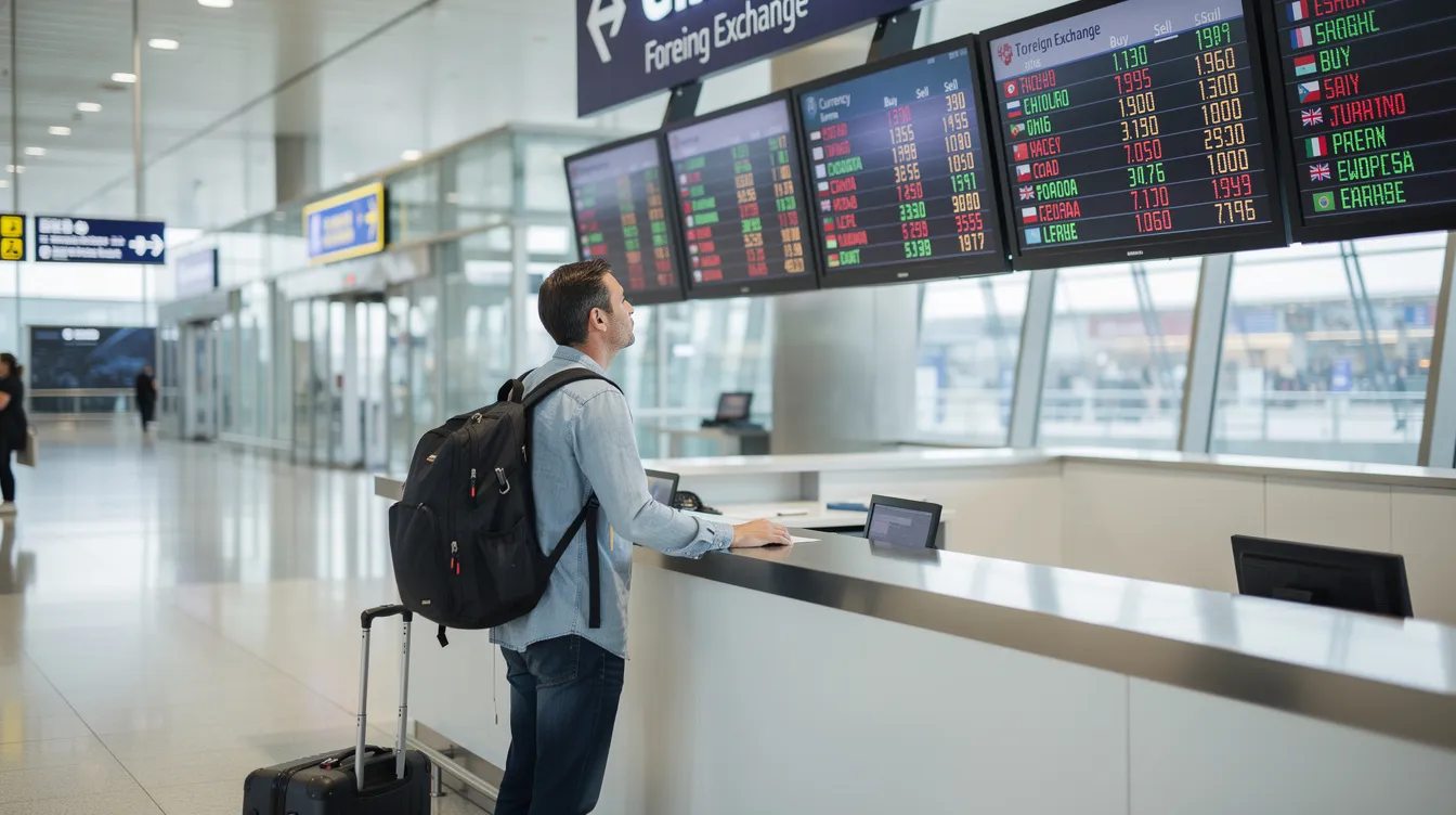 A traveller stands at an airport currency exchange counter, intently examining the rate boards displaying various exchange rates for foreign currency. The scene highlights the importance of understanding currency conversion for international money transfers, especially for those managing HSBC accounts or planning to send money abroad.
