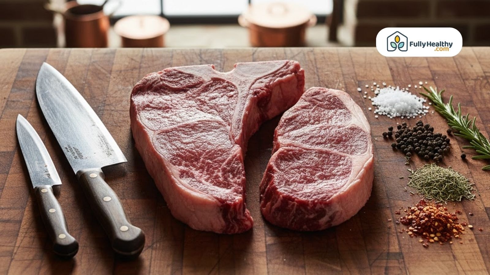 Raw porterhouse steak with knives and seasonings on wooden cutting board