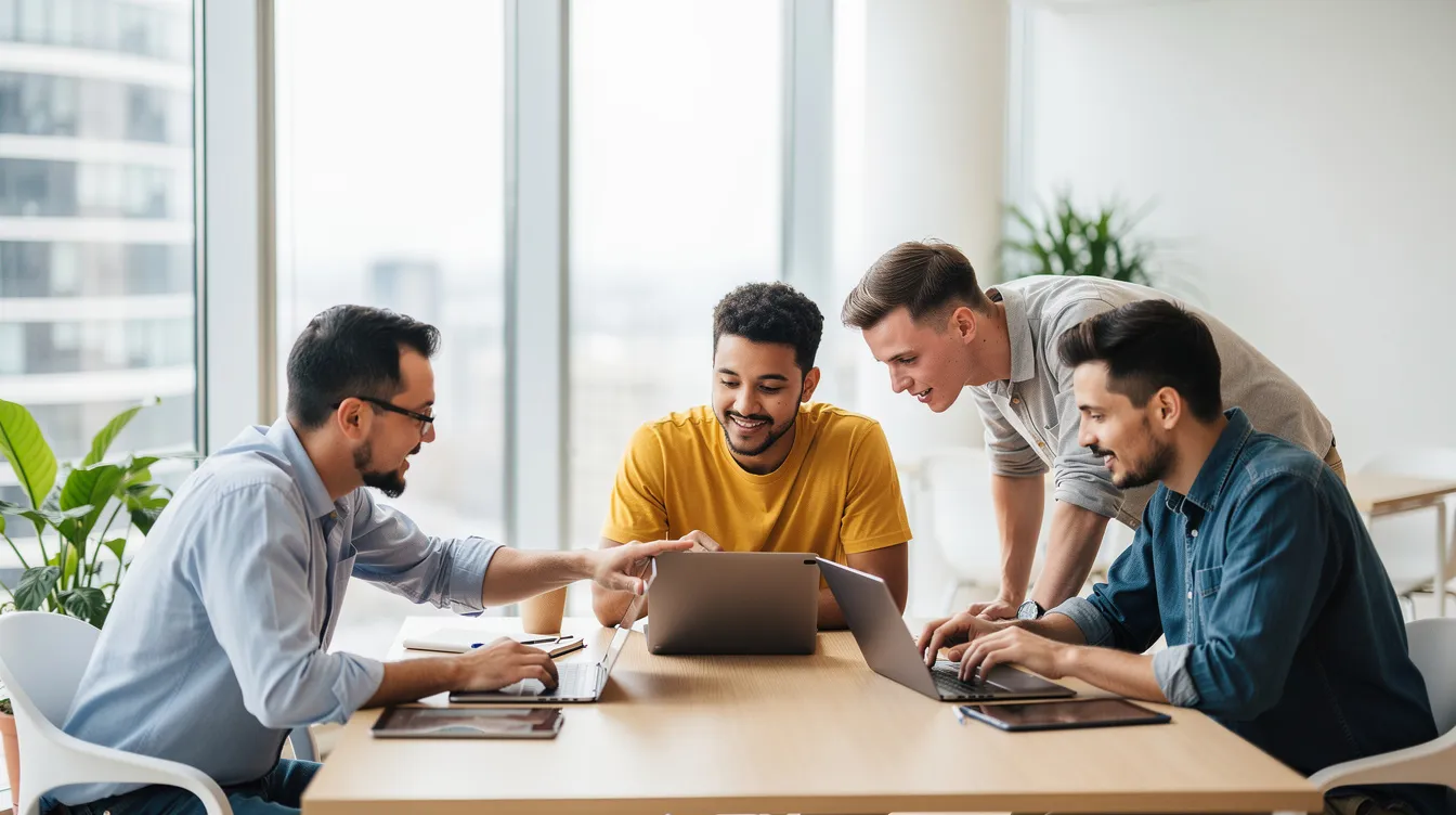 A small team is collaborating around laptops and tablets in a bright, modern office space, utilizing various productivity tools and Microsoft 365 business applications for effective teamwork. The atmosphere is vibrant, highlighting the importance of communication and collaboration in achieving business goals.