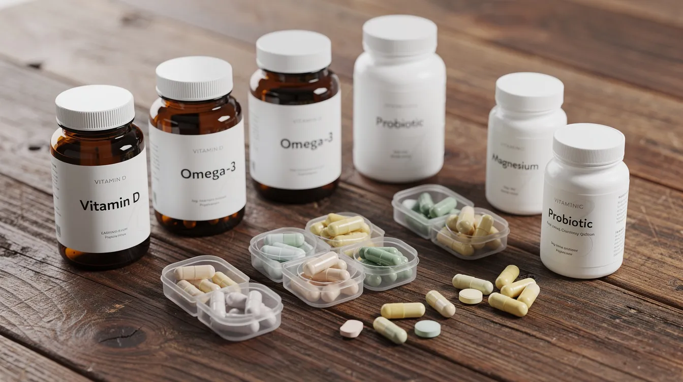 The image features an assortment of supplement capsules and bottles, including those for magnesium, vitamin D, and fish oil, neatly arranged on a wooden table. This collection represents various daily supplements that may support brain health, cognitive function, and overall longevity, as discussed by Peter Attia in his health-related content.