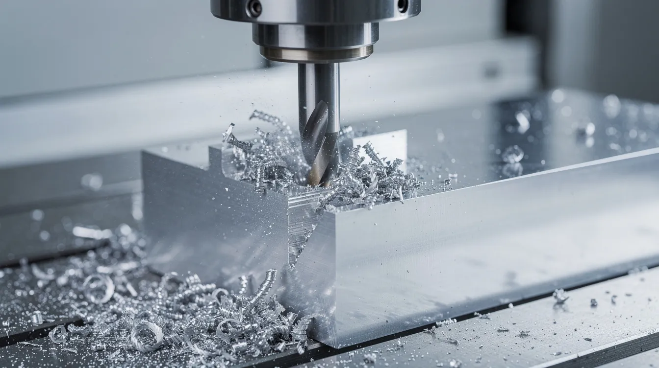 The image shows a close-up view of a CNC milling machine actively cutting a block of aluminum in a modern workshop, highlighting the precision and intricacies of CNC machining services. The machine's sharp tools and the smooth finish of the aluminum indicate the high-quality standards associated with top CNC machining companies.