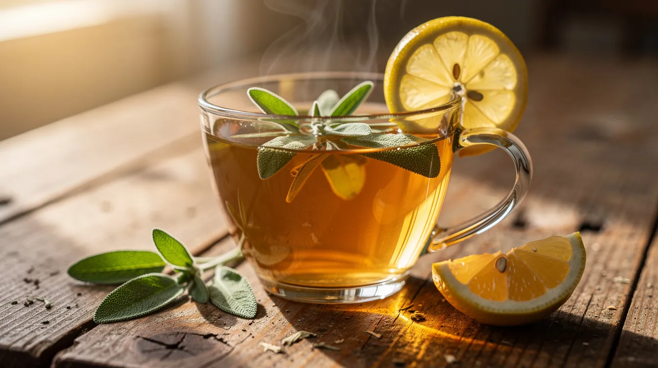 Ein Kräutertee mit frischen Salbeiblättern und einer Zitronenscheibe steht auf einem Holztisch, umgeben von warmem Tageslicht. Dieser Tee kann als Hausmittel gegen Hitzewallungen und Wechseljahresbeschwerden dienen, um das Wohlbefinden vieler Frauen in dieser herausfordernden Phase zu unterstützen.
