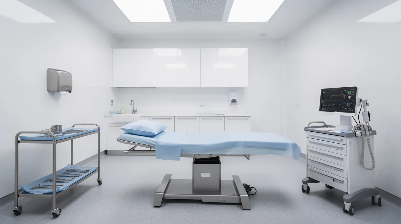 The image depicts a clean, modern medical procedure room equipped with advanced surgical tools and equipment, suitable for liposuction treatments and other cosmetic surgeries. This professional environment emphasizes the importance of safety and precision in procedures aimed at fat removal and enhancing a patient's youthful appearance.