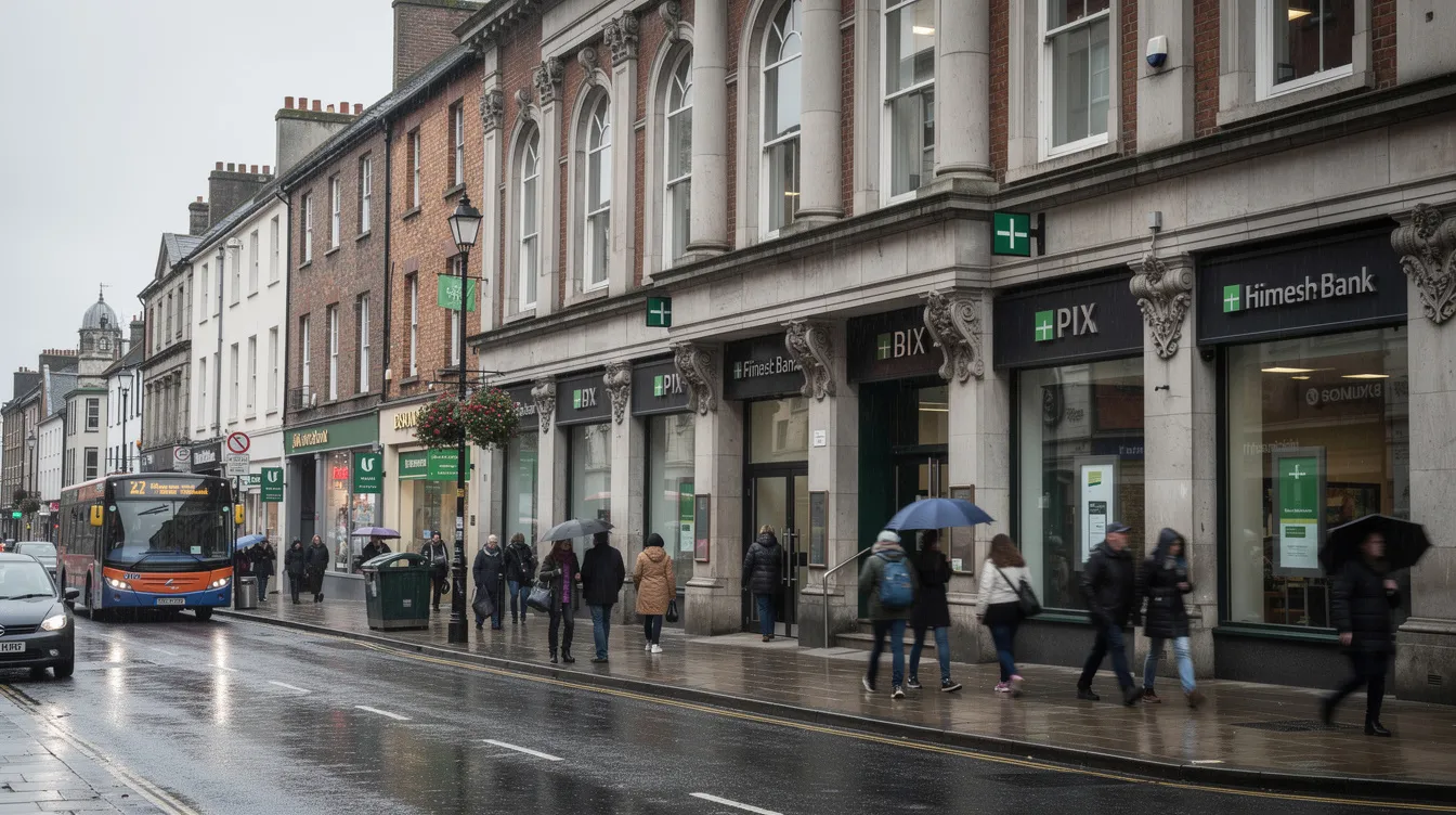 The image depicts a bustling street in an Irish city, lined with traditional bank branch buildings, including prominent institutions like Allied Irish Bank. Pedestrians navigate the lively scene, reflecting the vibrant atmosphere of Ireland's economy and the importance of the banking sector in everyday life.