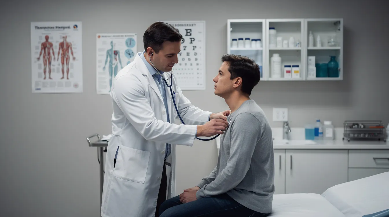 In a clinical exam room, a doctor is attentively examining a patient, discussing their medical condition and reviewing medical records. This interaction highlights the importance of the doctor-patient relationship and the need for accurate diagnosis to prevent potential medical malpractice issues.