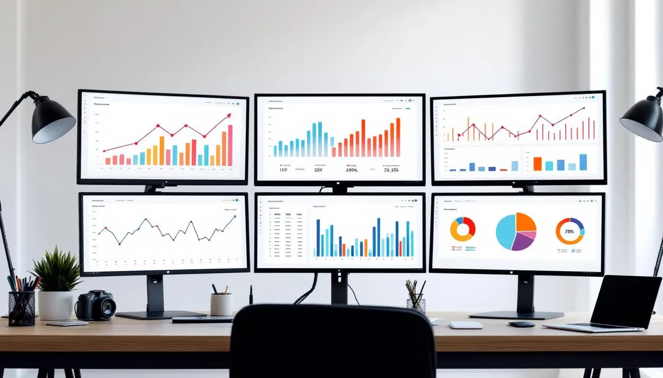 The image displays multiple computer monitors showcasing growth charts and analytics data, highlighting upward trending performance metrics related to digital marketing campaigns. This visual representation emphasizes the effectiveness of tailored digital marketing strategies in driving business growth and achieving key business objectives.
