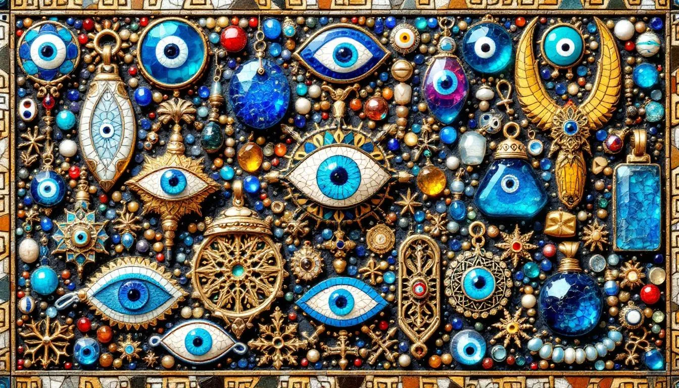 A display of different types of evil eye amulets, including beads and charms.