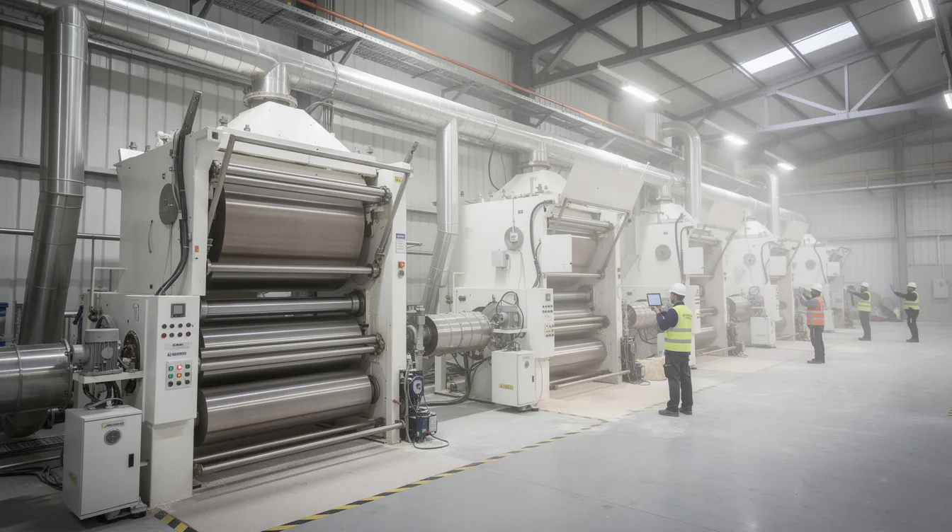 The image depicts industrial roller flour mill machinery featuring steel rollers and plansifters within a factory setting, illustrating the manufacturing process of transforming wheat grains into flour. This setup is essential for understanding the project cost and capacity in the context of the flour mill industry.