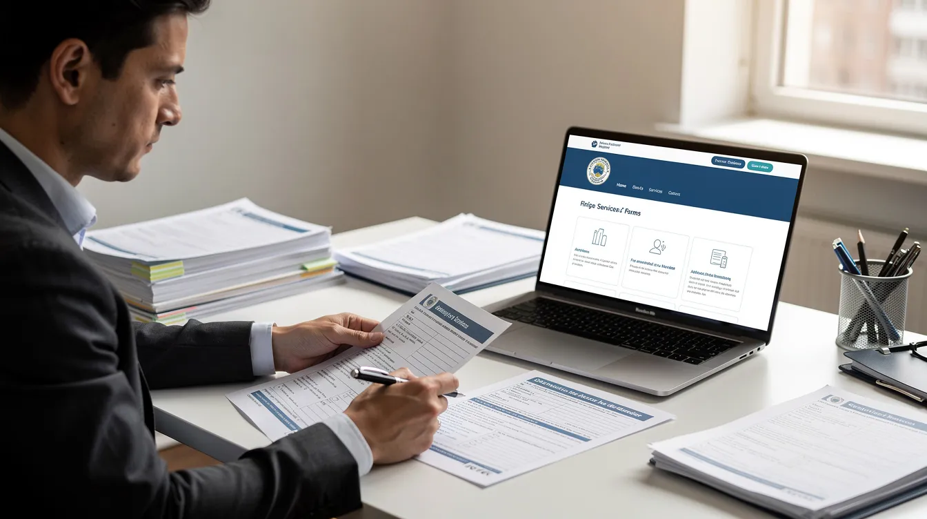 A professional is seated at a desk, reviewing official documents and forms related to the Spanish digital nomad visa process, with a laptop displaying a government website. The scene conveys a focus on navigating the requirements for Spanish immigration regulations and social security obligations for remote workers.