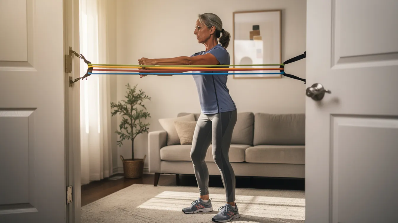 A woman in her fifties is using resistance bands anchored to a door frame in her living room, engaging her skeletal muscles to promote physical activity and enhance her overall health. This exercise routine contributes to her well-being and helps prevent chronic diseases, supporting her goal of living a longer, healthier life.