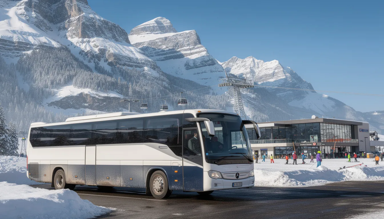 Ein Reisebus steht vor einer beeindruckenden, schneebedeckten Bergkulisse, während im Hintergrund die Talstation des Skigebiets sichtbar ist. Diese Szene ist ideal für eine Klassenfahrt, um Wintersport zu genießen und die Natur im Zillertal zu erleben.