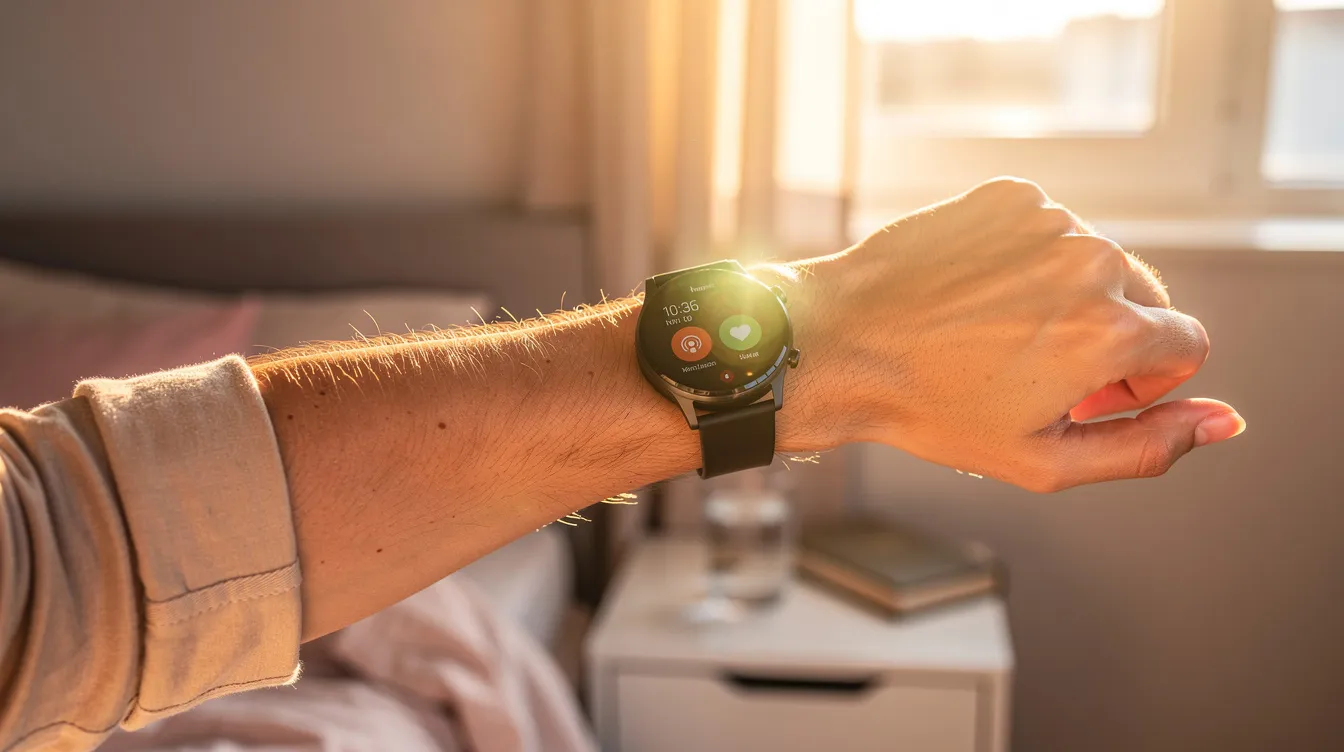 A person stands in the morning sunlight, checking their smartwatch, which is designed to track sleep stages and monitor sleep quality. The device provides insights into sleep patterns, helping users estimate sleep duration and improve their overall rest.