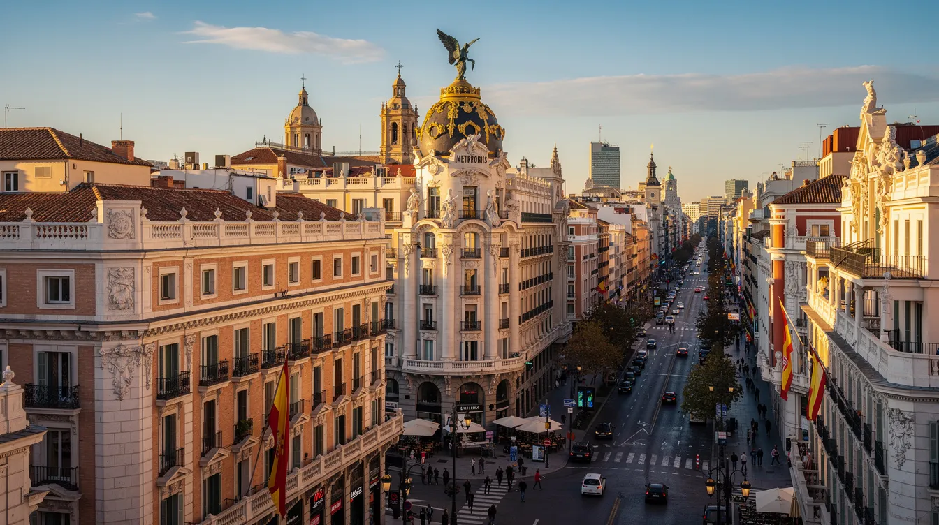 A imagem retrata a Plaza de España em Madri, uma das principais praças da cidade, cercada por belos edifícios e monumentos. Pessoas caminham pelo local, que é um importante ponto turístico e cultural da capital espanhola.