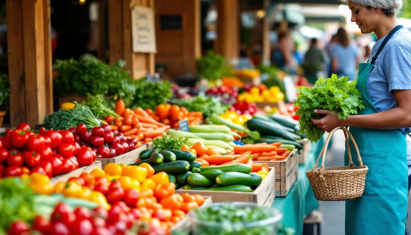 The image depicts a vibrant farmers market display filled with an array of local seasonal produce, including fresh vegetables and fruits like oranges and tomatoes. A person is seen selecting fresh vegetables, highlighting the importance of healthy eating and the health benefits of consuming whole fruits and vegetables.