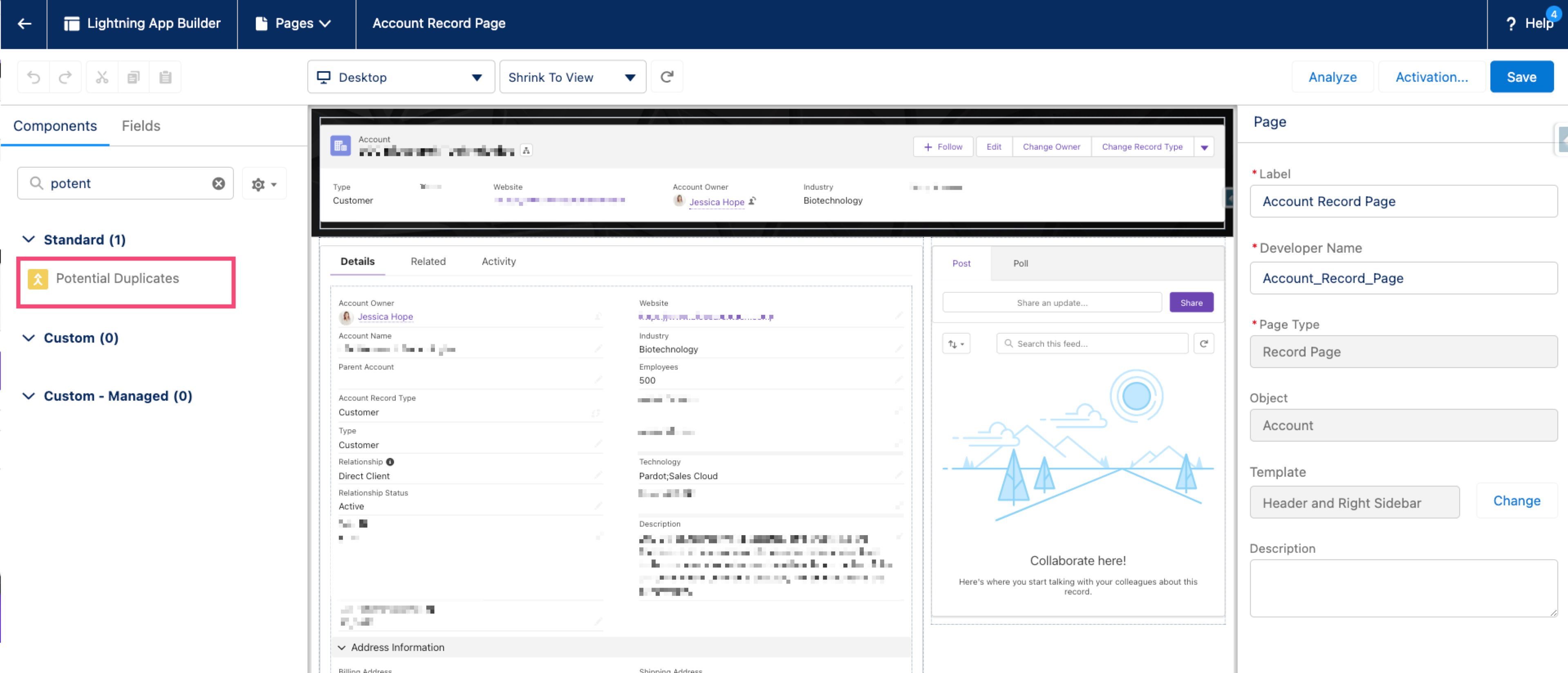 Screenshot of adding the Potential Duplicates component to a Salesforce Lightning Record Page