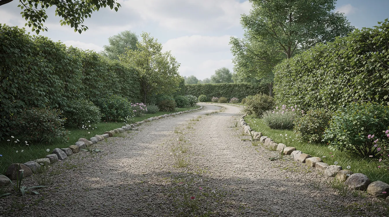 A scenic rural gravel driveway winds through a lush green garden, bordered by stone edging and mature hedgerows on either side. This inviting pathway enhances the property's visual appeal and reflects the charm of gravel driveways as a low maintenance surface option.