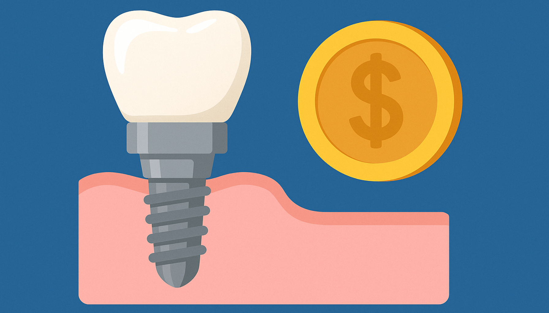 Tannimplantat pris – Hva koster det og hva får du? 12 Illustrasjon av tannimplantat festet i tannkjøttet ved siden av en gullmynt, symboliserer kostnad og verdi.