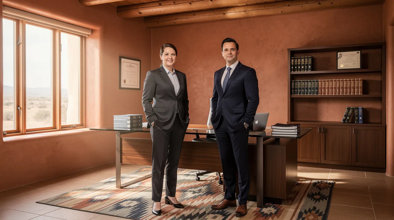 The image features two professional attorneys standing confidently in a modern law office adorned with Southwestern architectural elements. They represent expertise in handling insurance bad faith claims, emphasizing their commitment to fair dealing and advocating for clients facing unreasonable denials from insurance companies in New Mexico.