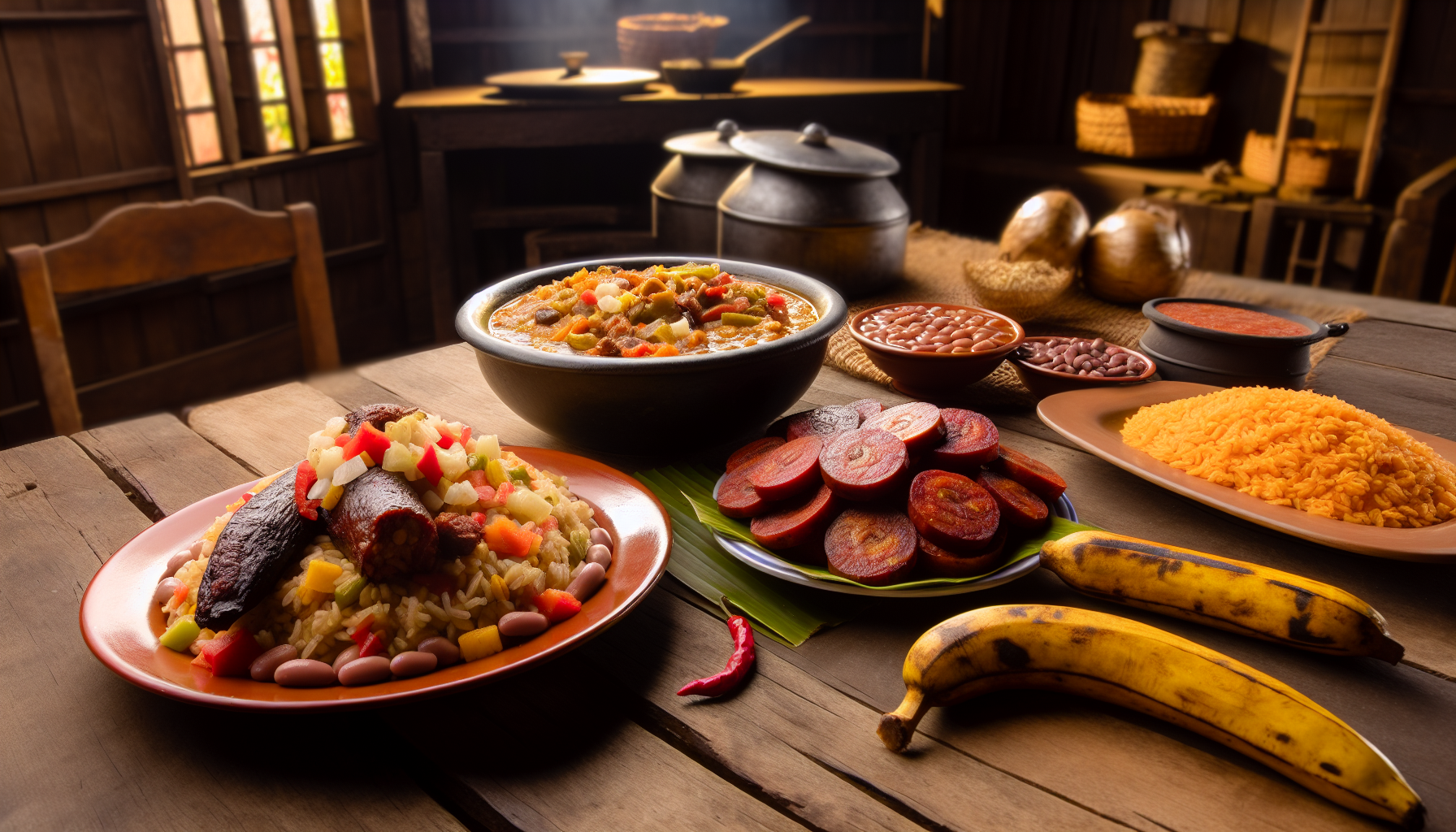 A selection of Costa Rican dishes including Arroz Campesino, beans, plantains, and chorizo