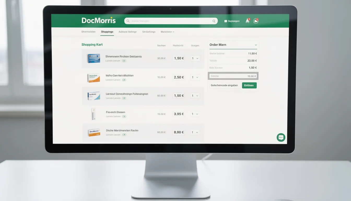 Auf dem Computerbildschirm ist der Warenkorb von DocMorris zu sehen, mit einem Eingabefeld für den Gutscheincode, der beim Kauf von Produkten automatisch vom Rechnungsbetrag abgezogen wird. Die Anzeige zeigt zudem Informationen zu Aktionen und Preisvorteilen, die über die DocMorris Versandapotheke verfügbar sind.
