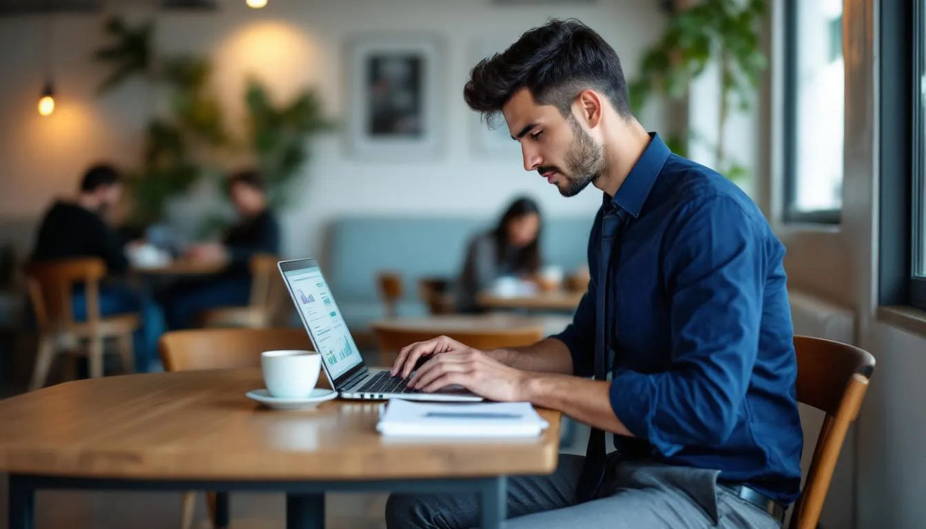 A young businessman is working on a laptop at a café, focusing on digital marketing strategies for social media campaigns. The scene captures his concentration as he manages content and targets his audience effectively.